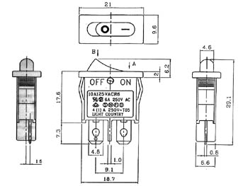 Vippekontakt - 1P OFF-ON, 6A-250V, Sort (19x5,6mm hul)