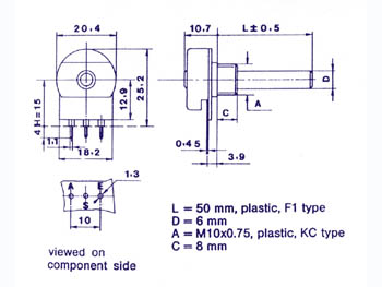 Potmeter - 10kOhm lin. metalhus plastaksel (Ø6mm)