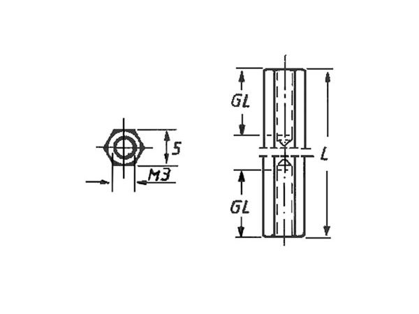 Afstandsmøtrik - 10mm stål, hun til hun (M3)