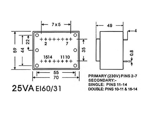 230V printtransformator - 25VA 2 x 7,5V / 2 x 1,667A