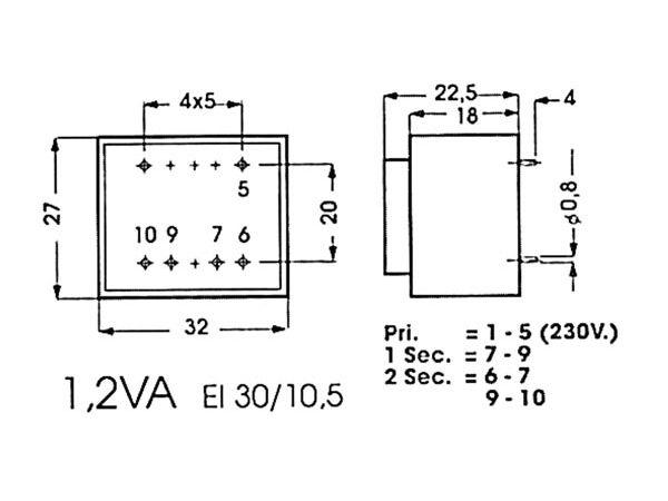 230V printtransformator - 1,2VA 2 x 9V / 2 x 67mA