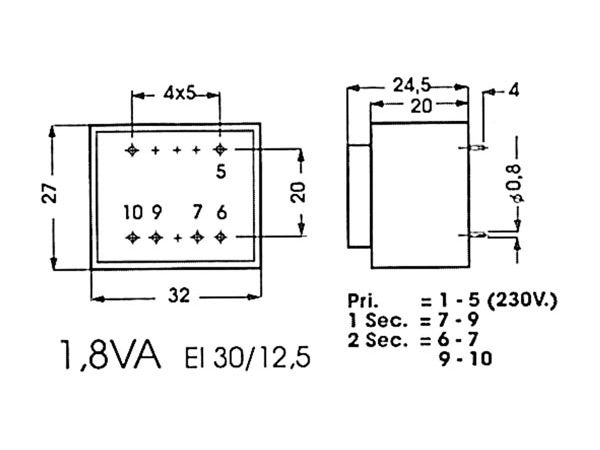 230V printtransformator - 1,8VA 2 x 9V / 2 x 100mA