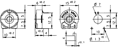 Vandret trimmepotmeter - 47kOhm, 15mm, spindel (PT15NV)