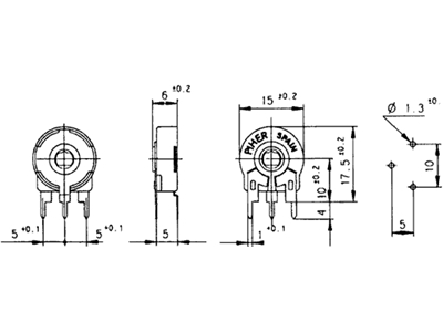 Lodret trimmepotmeter - 100kOhm, stor 15mm, spindel (PT15)