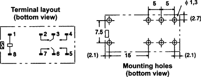 Miniature relæ - 48VDC 5A, 2 x omskifter (DPDT), 8-ben 5mm