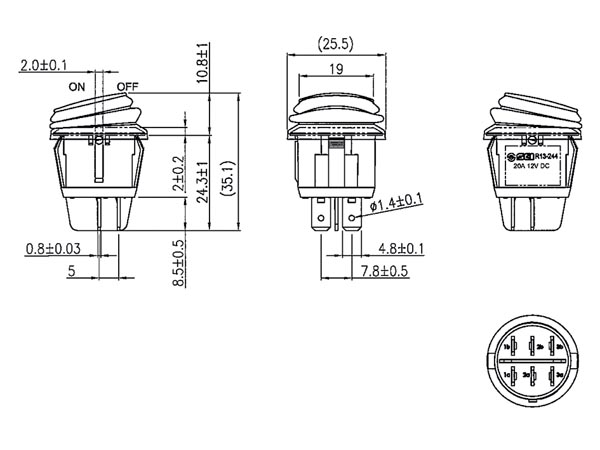 Vippekontakt - 2P OFF-ON, 10A 250V, Grøn lys, IP65 (Ø20,2mm)