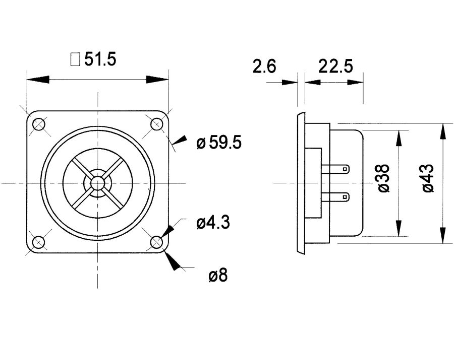 Diskant højttaler - 0,5" / 60W, 8ohm (Ø59,5mm)