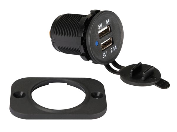 USB biladapter til panelmontage - 12/24V ind > 2 x USB 5V ud
