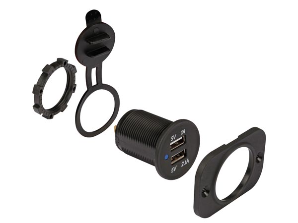 USB biladapter til panelmontage - 12/24V ind > 2 x USB 5V ud