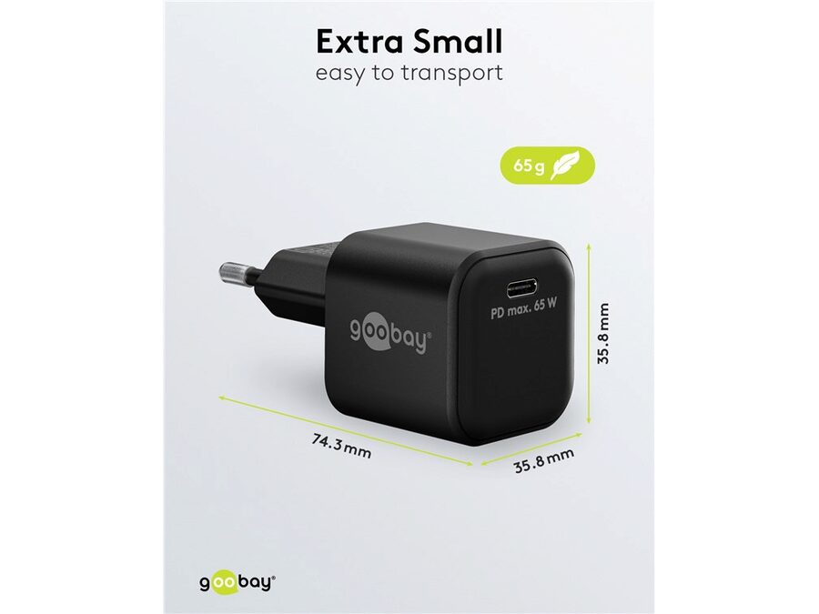 USB-C PD netadapter - 1xUSB-C (65W/3,25A), Sort
