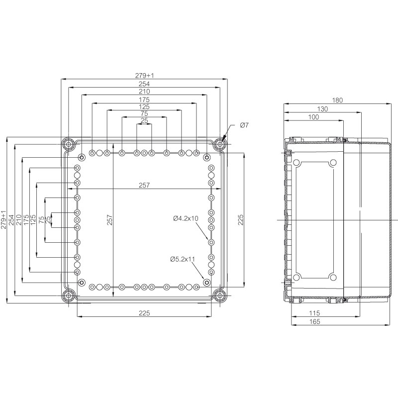 Fibox Grå Låg - 280x280x80 - 4 skruehuller