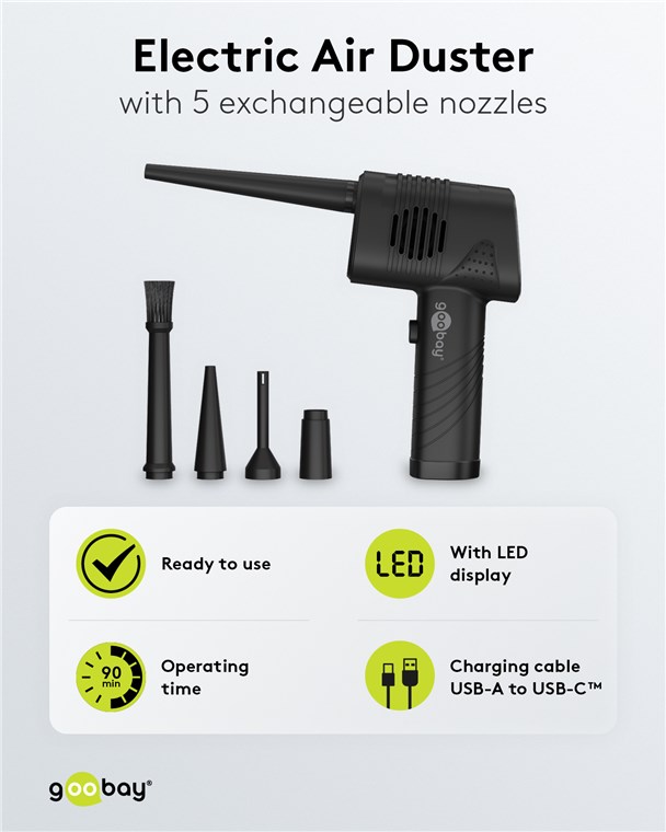 Genopladelig trykluft blæser m. 5 dyser - 2000mAh, Sort