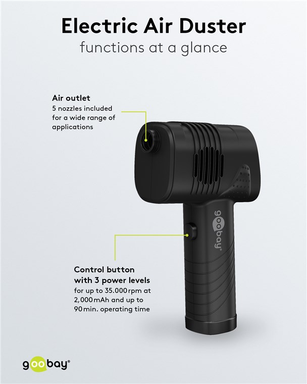 Genopladelig trykluft blæser m. 5 dyser - 2000mAh, Sort