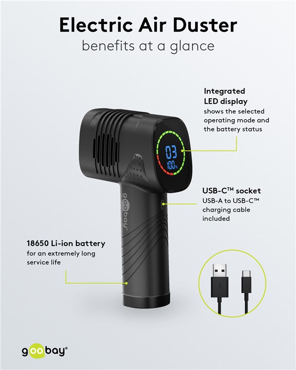 Genopladelig trykluft blæser m. 5 dyser - 2000mAh, Sort