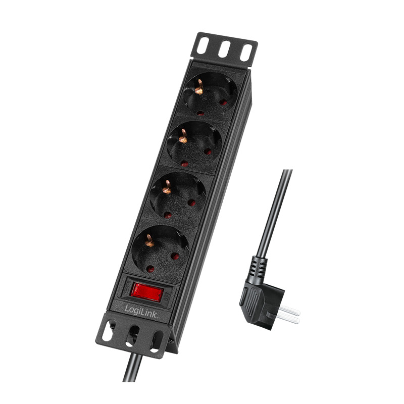 10" Stikdåse til rack - 4 x CEE7/3, med kontakt, Sort (2m)