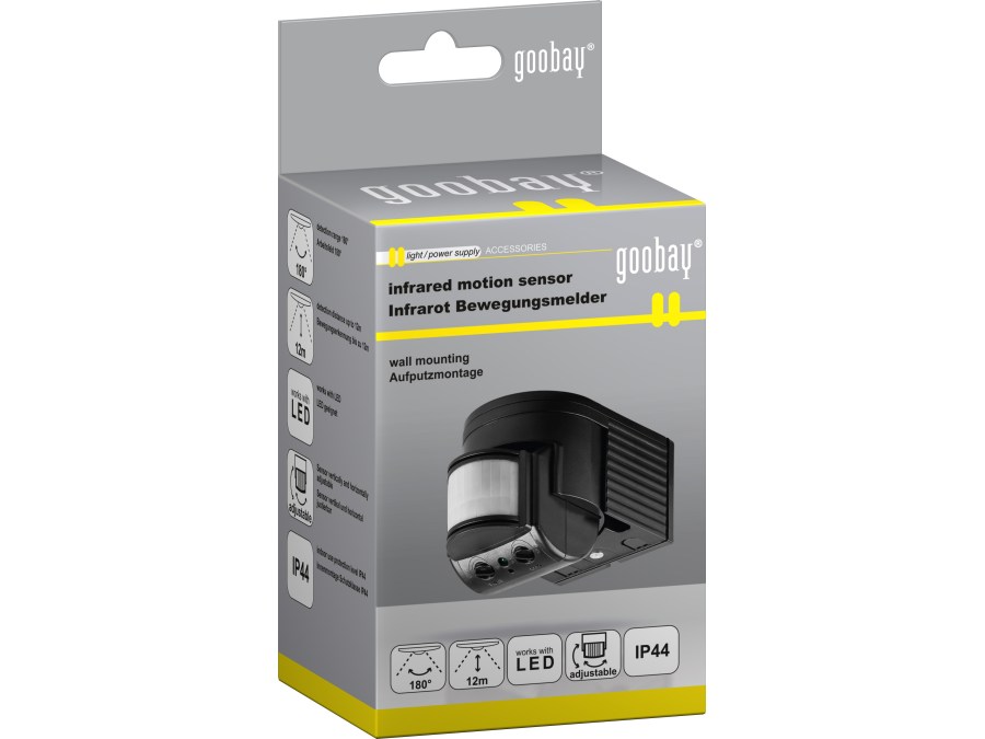 PIR bevægelsessensor - 230V/1200W 180° væg, LED ready, Sort