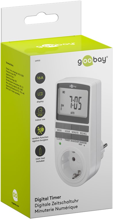Digital Timer - Programmerbar, CEE7/4 udtag, Hvid