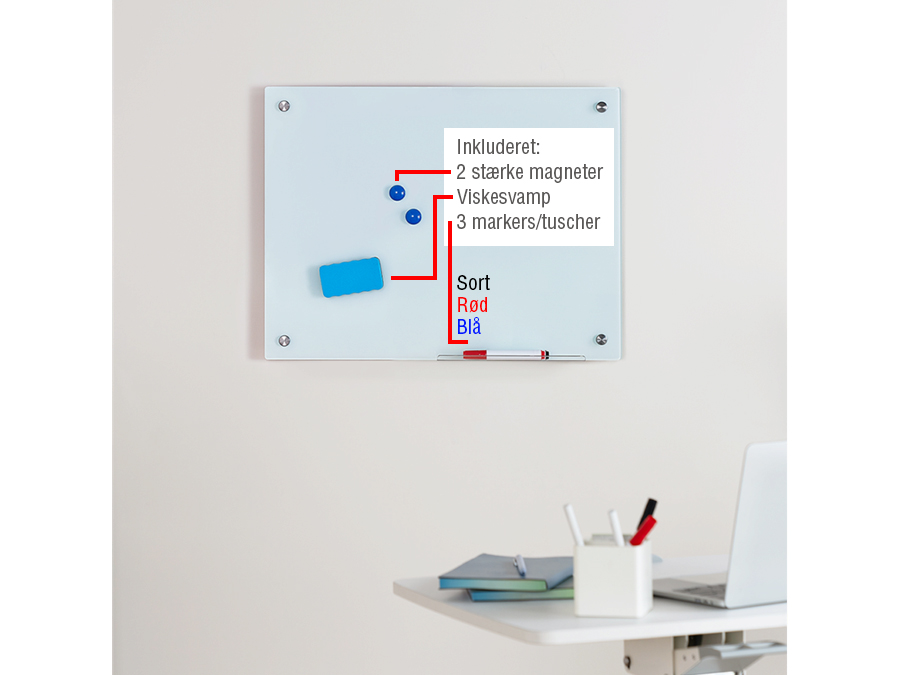 Magnetisk glas whiteboard - vægmont., rammeløs (60 x 45cm)
