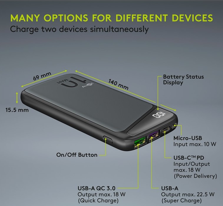 Powerbank m. LED display - USB-C PD / QC, 5V / 5A, 10,000mAh