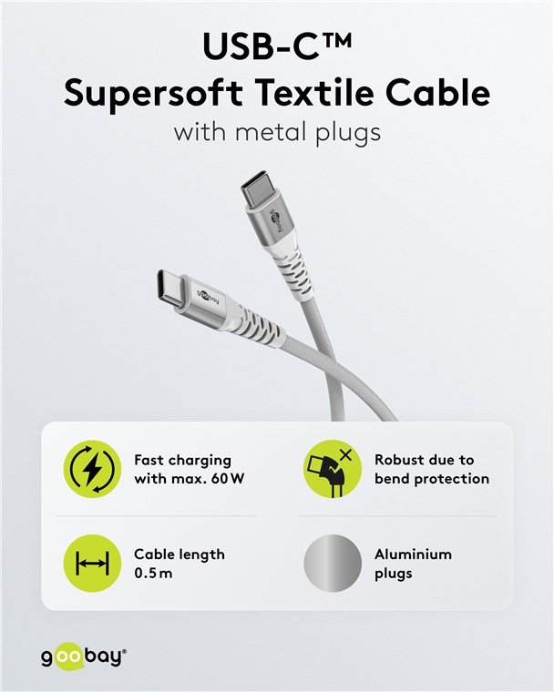 USB-C™ til USB-C™ Supersoft PD Tekstilkabel, 3A, Hvid (2m)