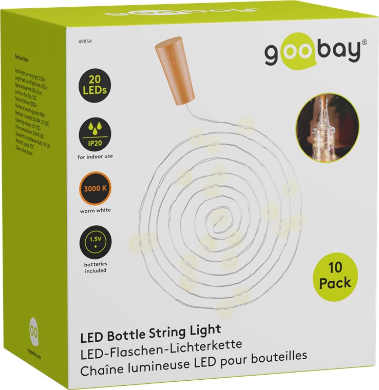LED lyskæde med prop til flasker - 20 LEDs, 2m (10 stk.)