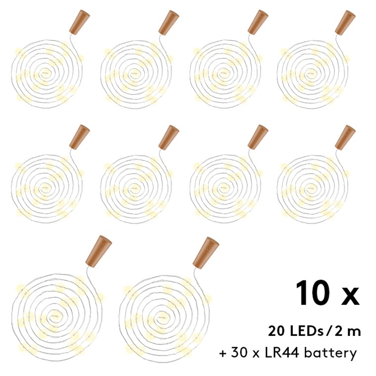 LED lyskæde med prop til flasker - 20 LEDs, 2m (10 stk.)