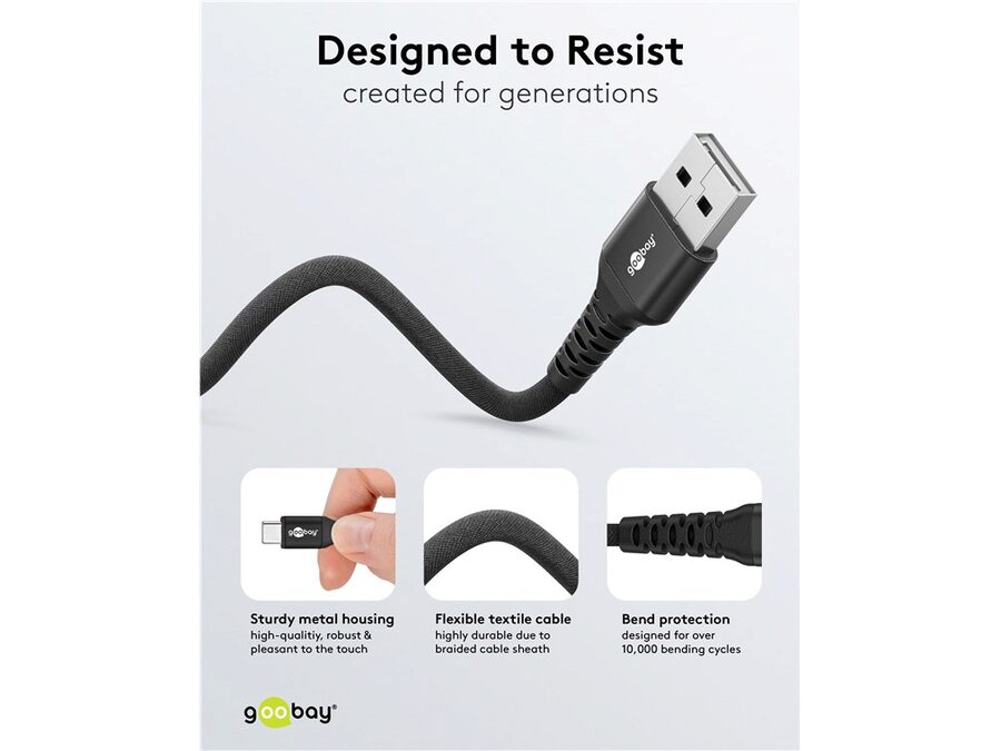USB-C™ til USB-A Supersoft PD Tekstilkabel, 3A, Sort (2m)