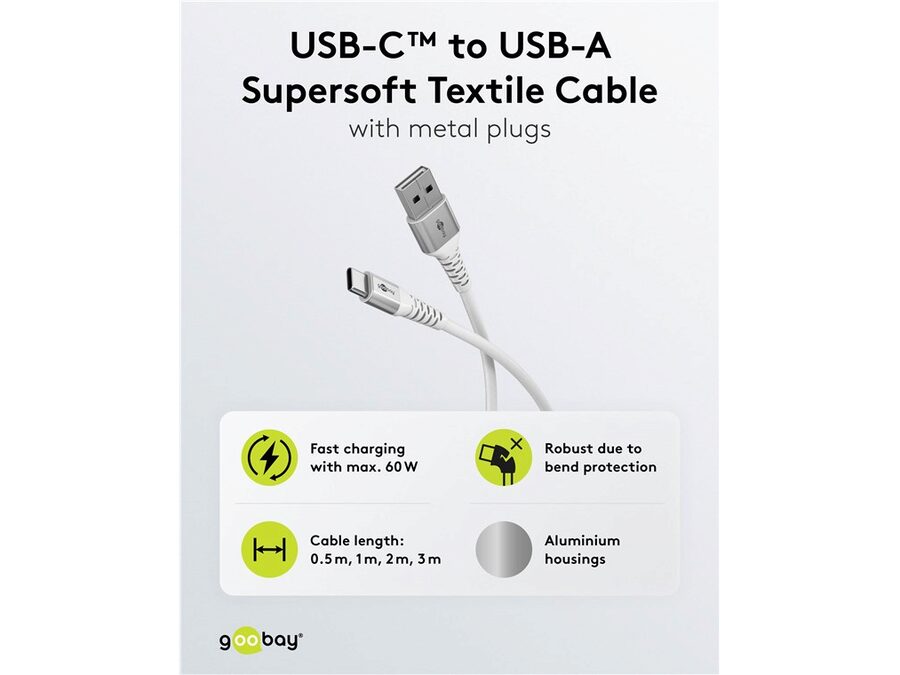 USB-C™ til USB-A Supersoft PD Tekstilkabel, 3A, Hvid (2m)