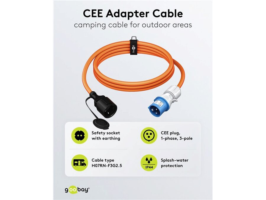 CEE camping adapter - CEE 7/3 F hun til 3P CEE han (1,5m)
