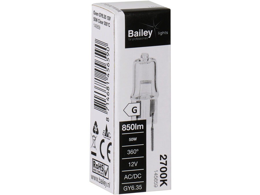 GY6.35 halogenstiftpære - 12V 50W, 300°C ovn (1000h)