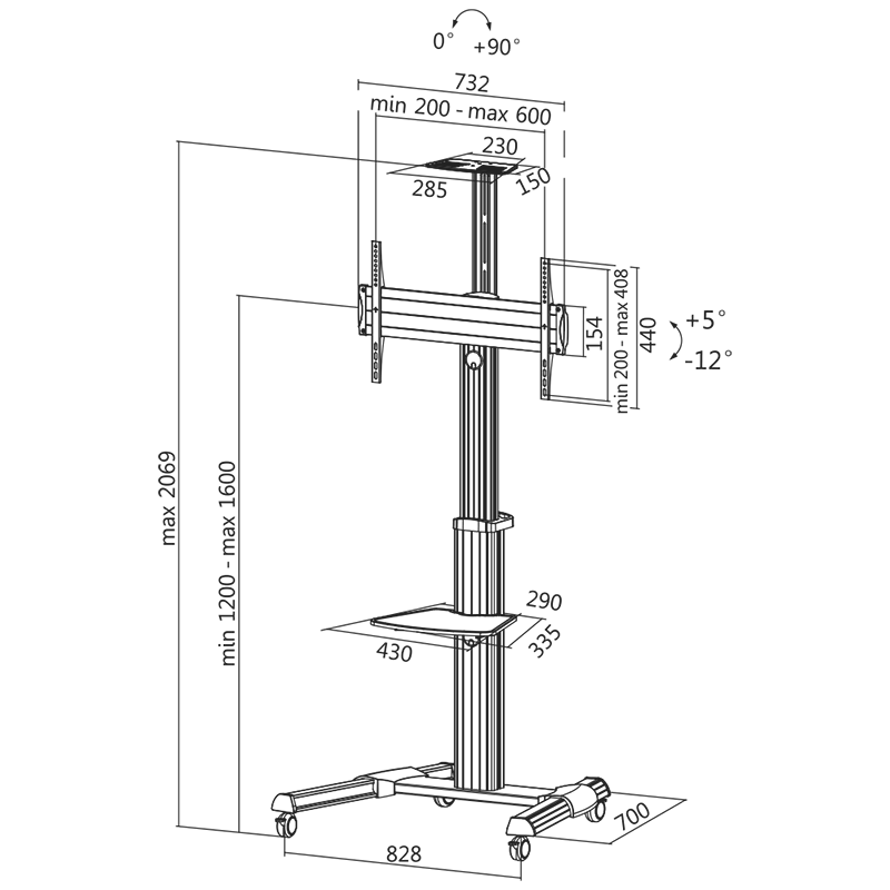 Rullebord m. TV beslag - 37-70" 50kg, vipbar/højdejustering