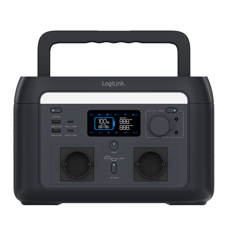 Bærbar power station, Tuya-komp. - 600W, 4xUSB, 2xCEE7/4