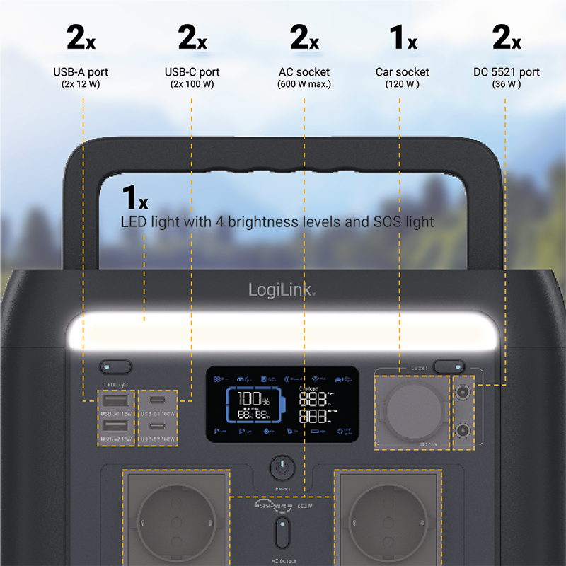 Bærbar power station, Tuya-komp. - 600W, 4xUSB, 2xCEE7/4