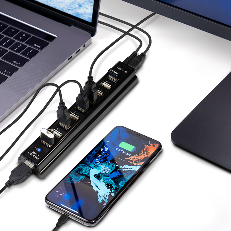 USB 2.0 HUB - 10-port, incl. 3,5A strømforsyning, Sort