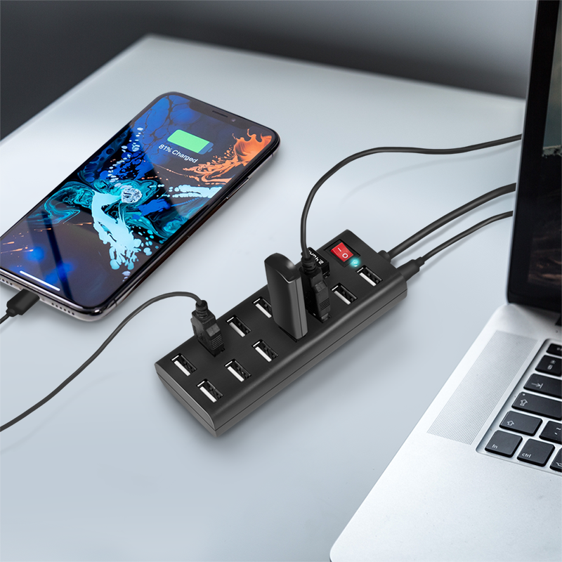 USB 2.0 HUB - 13 port m. on/off, inkl. Strømforsyning (3,5A)