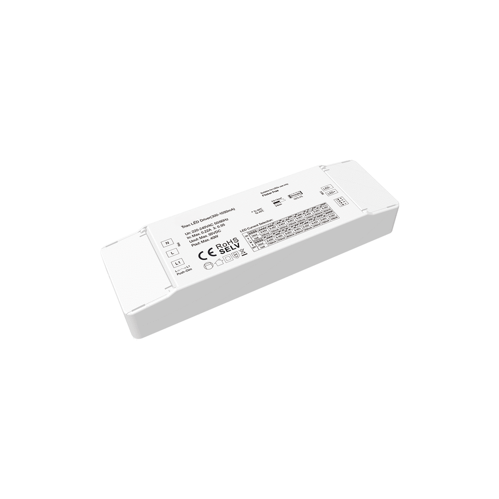40W Triac dæmpbar LED panel driver - 9-45V, 300-1050mA, Triac + Push dim, flicker fri