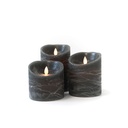 LED Bloklys med bevægelig flamme og fjernbetjening, sort meleret, sæt med 3 stk, højde 10/12,5/15 cm, Ø10 cm, ægte stearin