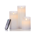 LED Bloklys med bevægelig flamme, hvid, 3 stk, Ø7,5cm, inkl. fjernbetjening og timer, 10/15/20cm høj, ægte stearin