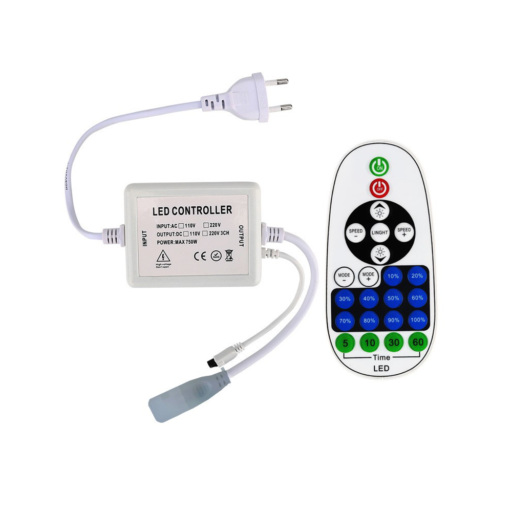 RF trådløs timer+dæmper med fjernbetjening - Inkl. endeprop til 230V Neon COB, memory funktion, maks. 50 m.