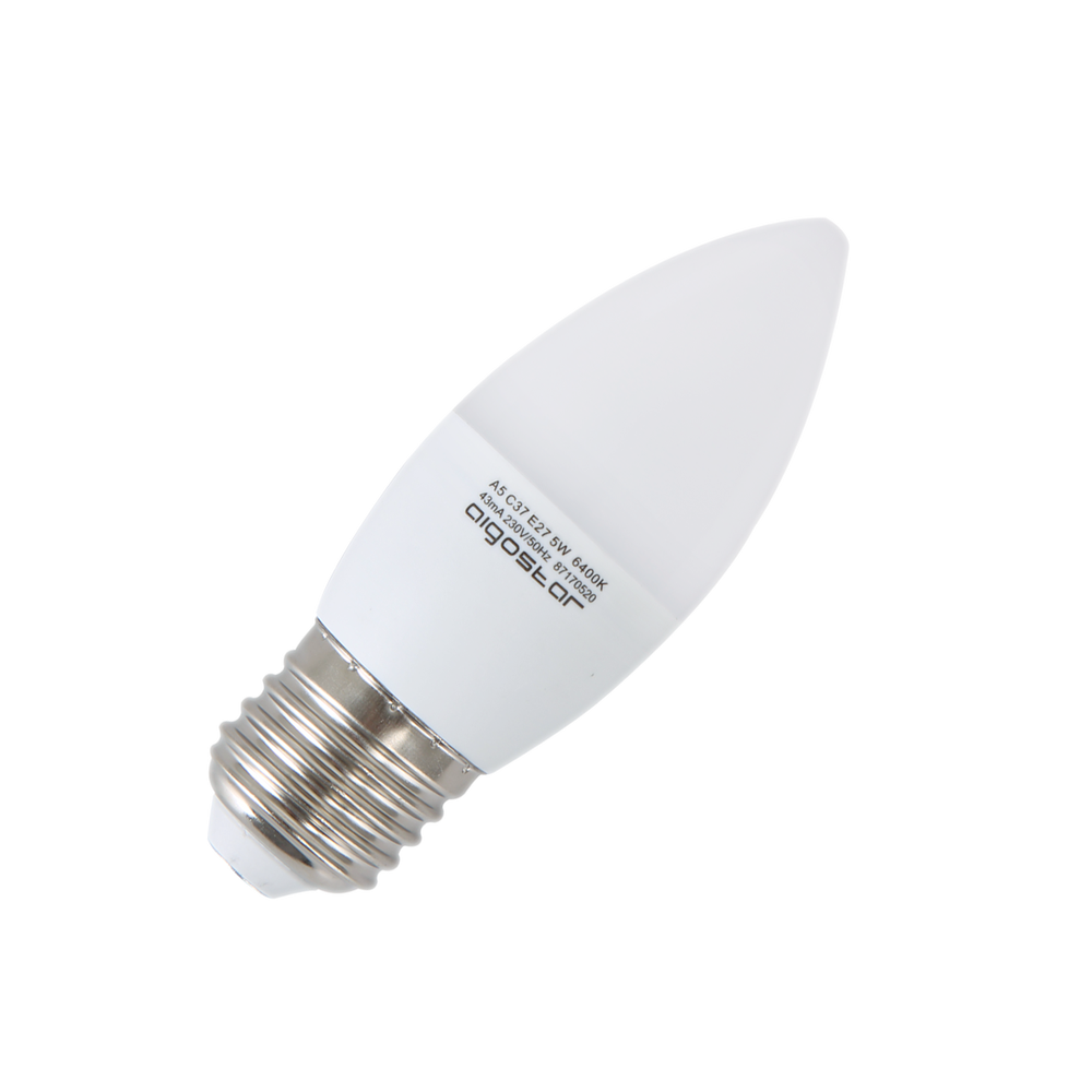 LED pære A5-C37 E27 6W 3000K erstatning for 42W med 3 års garanti