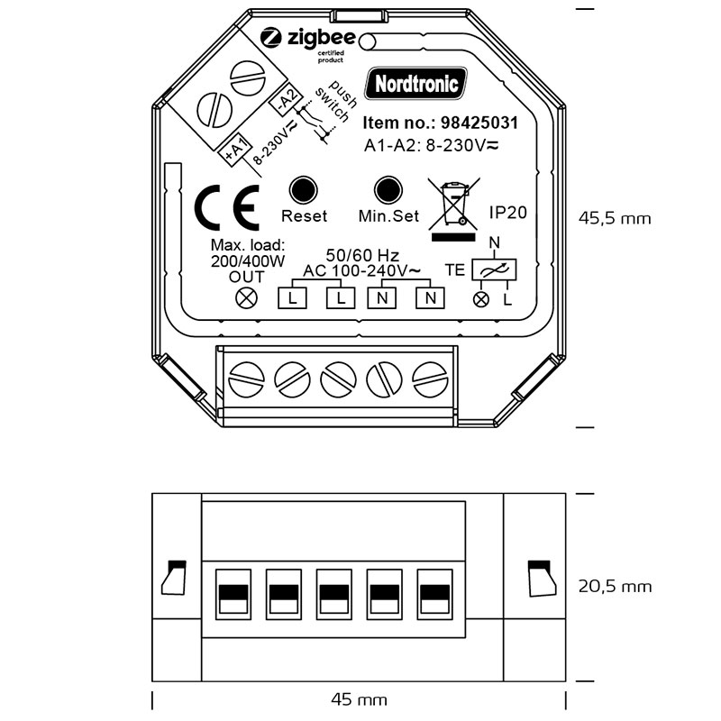 Zigbee 3,0 med push dæmper 400W 230V
