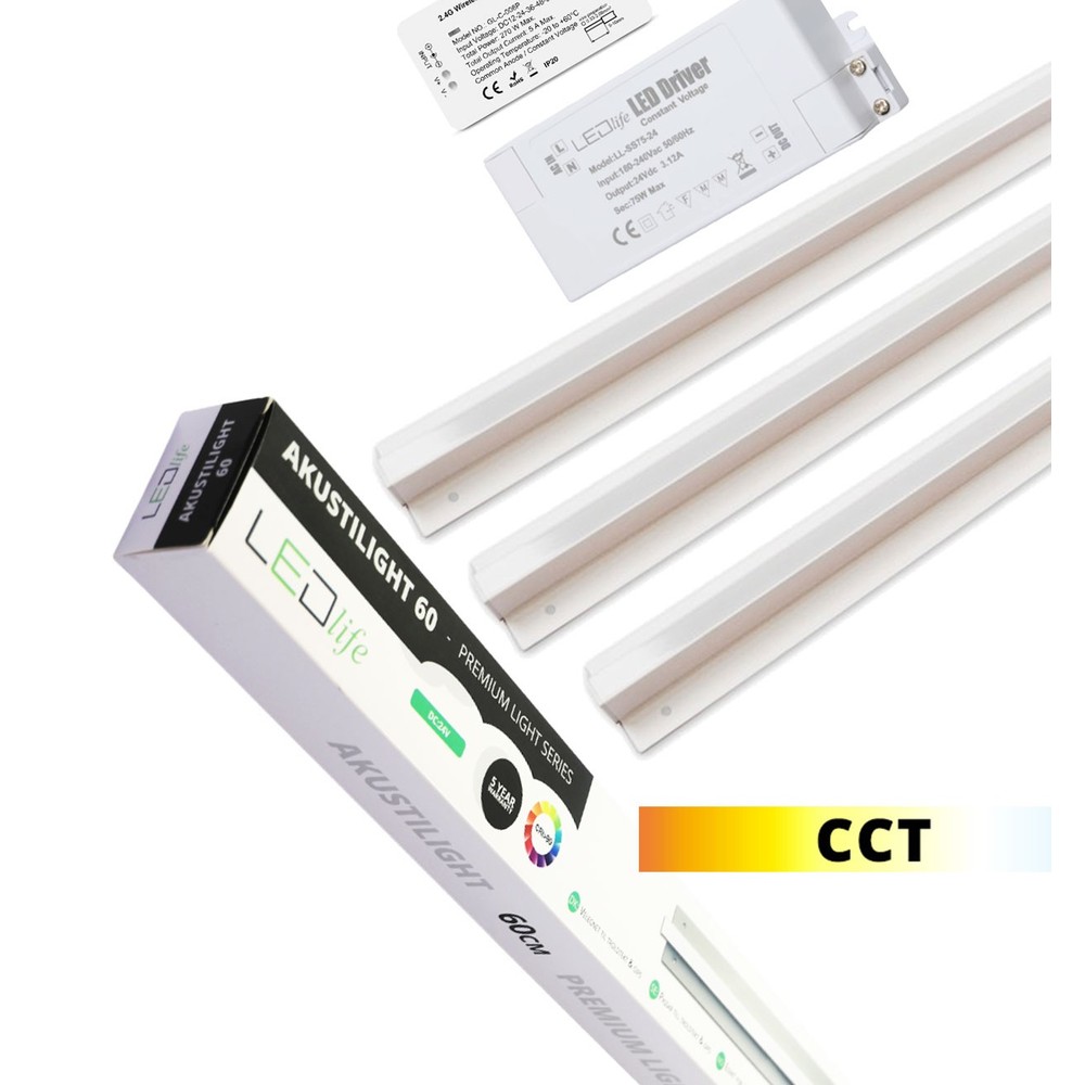 Troldtekt LED Skinnesæt 3x60 cm - CCT, Planforsænket, Akustilight inkl. fjernbetjening, ledninger og driver (19W, 24V, 1900lm, RA93, 5 års producentgaranti)