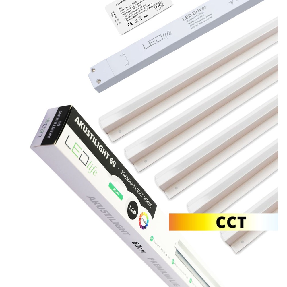 Troldtekt LED Zigbee Skinnesæt 5x90 cm inkl. ledninger og driver - 27W, CCT, Planforsænket, Akustilight, 2700lm, RA93