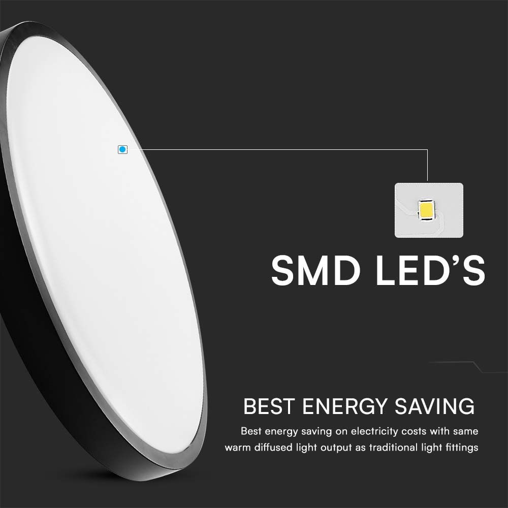 18W LED Dome Lys - 3000K, Rund, Sort Ramme, IP44, med Samsung Chip