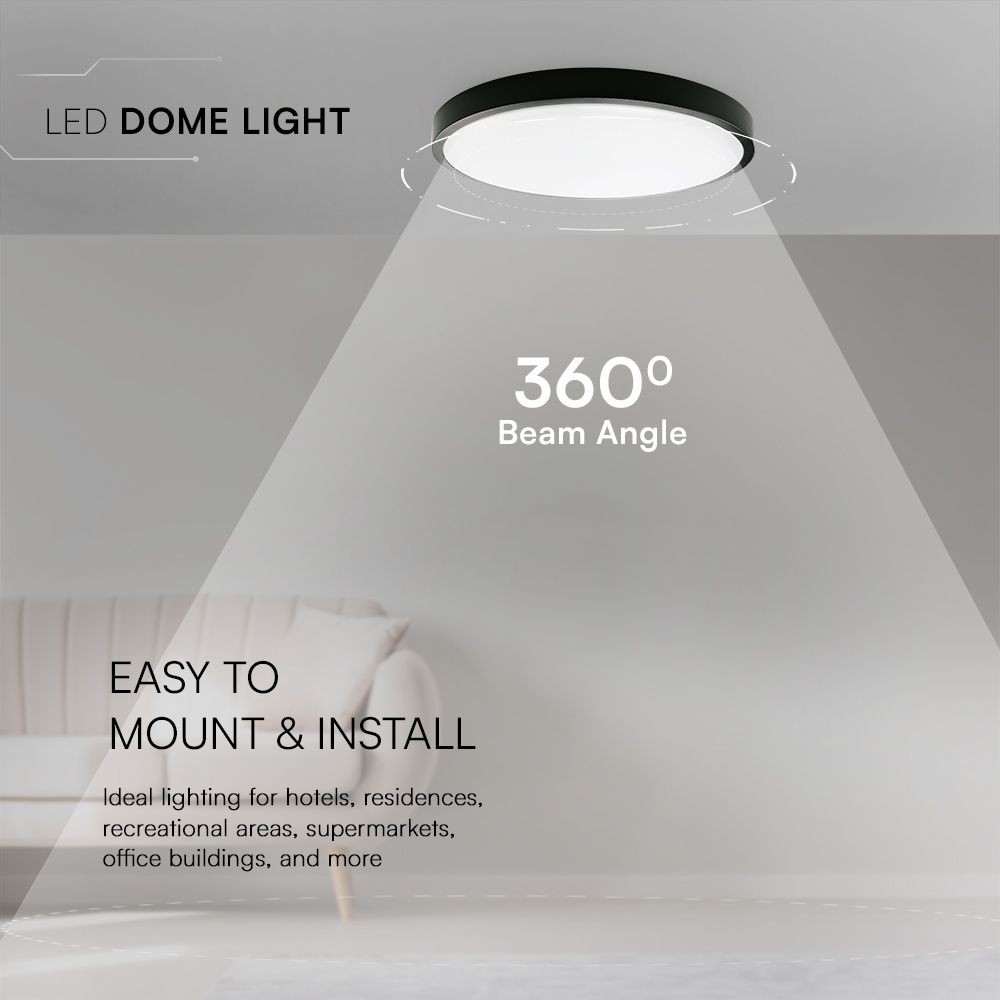 18W LED Dome Lys - 3000K, Rund, Sort Ramme, IP44, med Samsung Chip