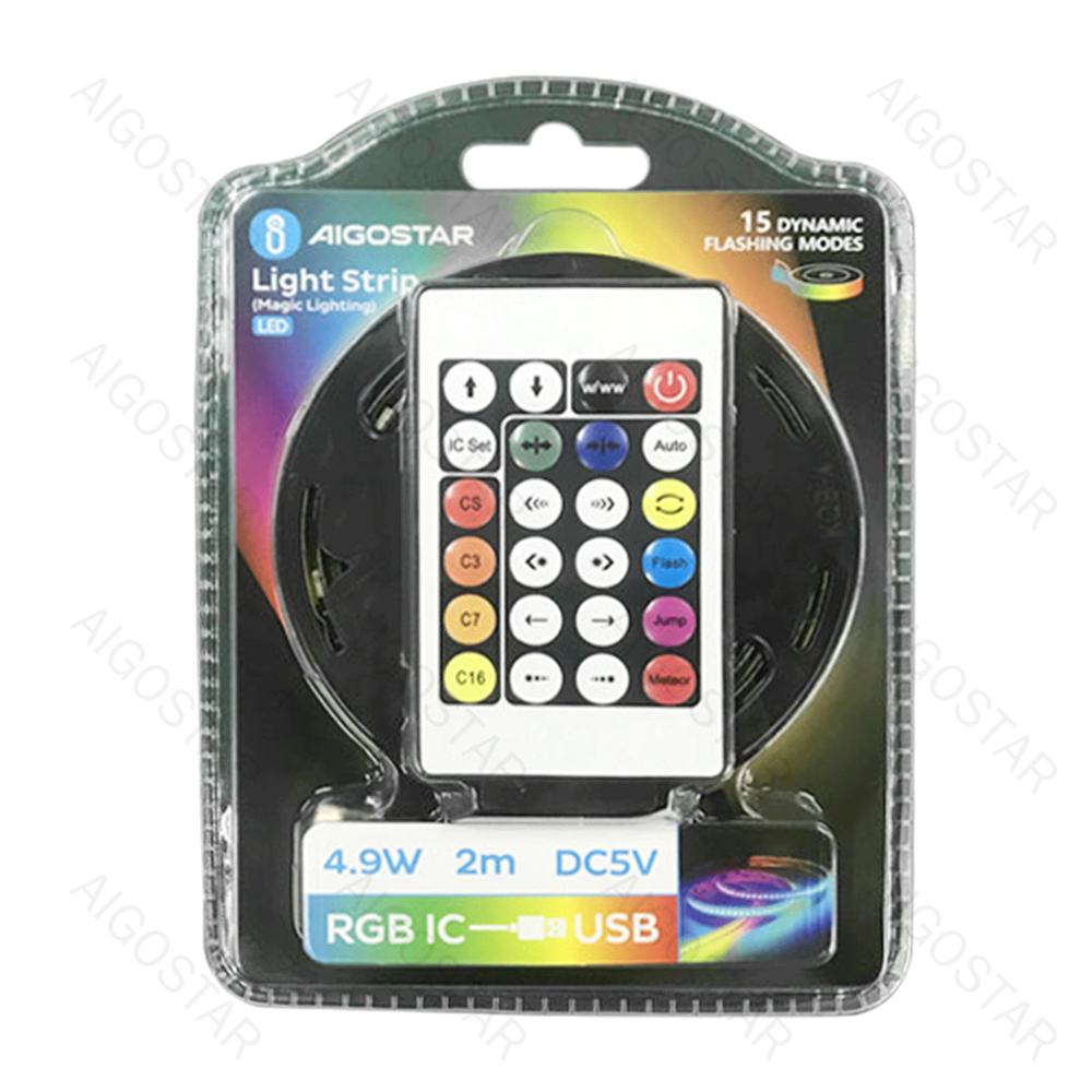 2m USB LED Strip med fjernbetjening, RGBIC, 4,9W, 60 LED - 3 års garanti