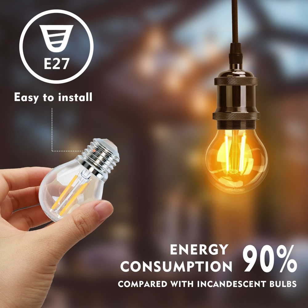 LED Filamentpære G45 E27 4W 2700K Klar - Erstatter 40W, 470lm, RA80, 3 års garanti.