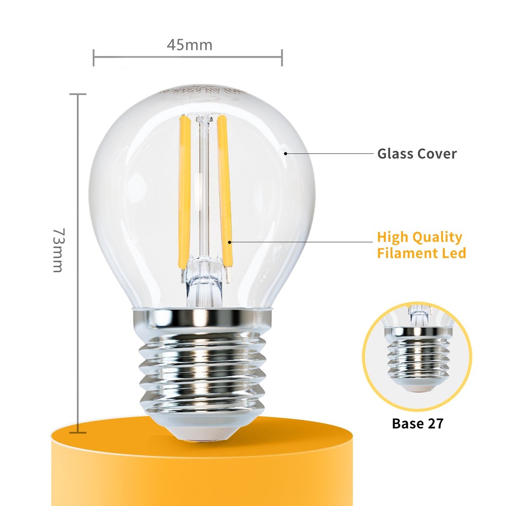 LED Filamentpære G45 E27 4W 2700K Klar - Erstatter 40W, 470lm, RA80, 3 års garanti.