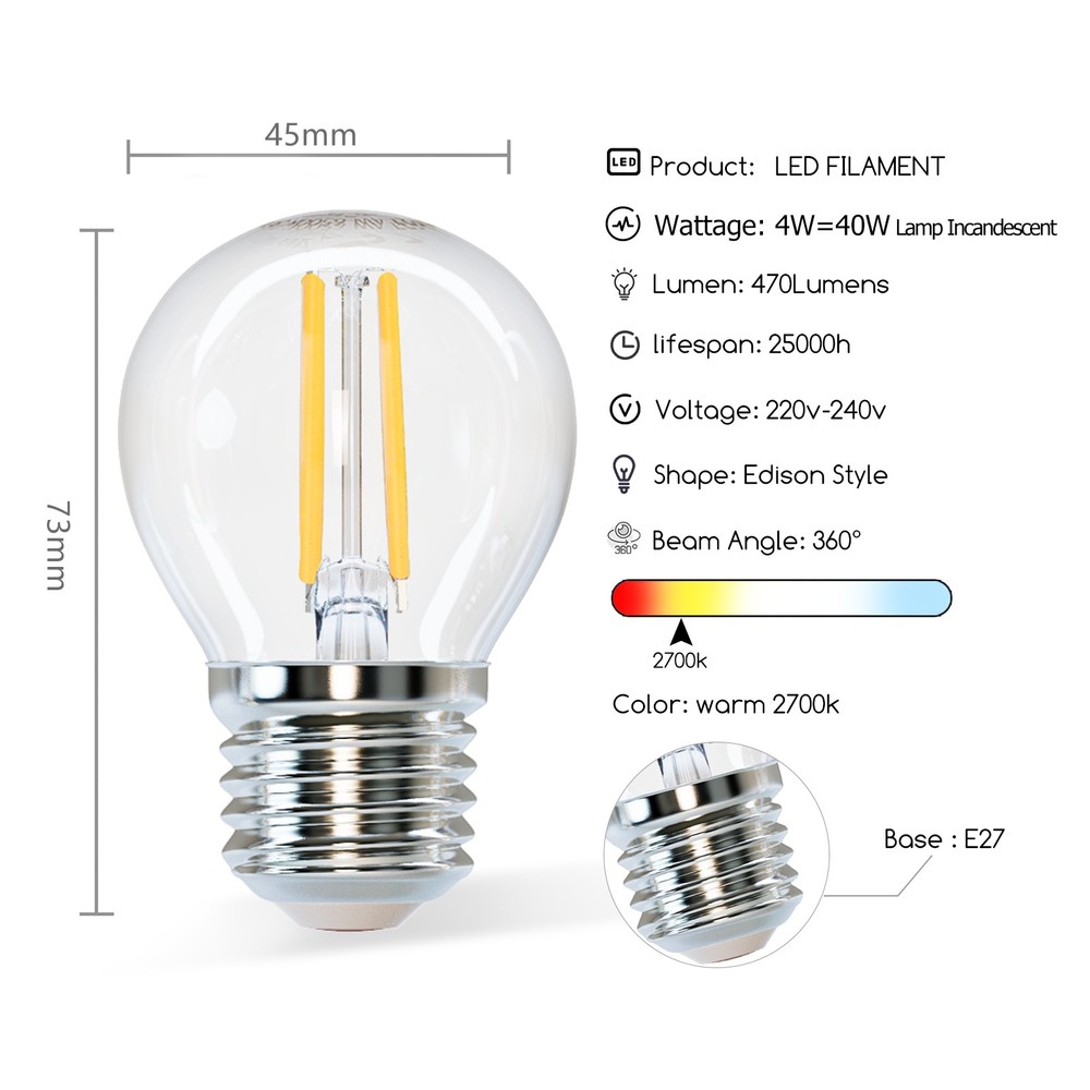 LED Filamentpære G45 E27 4W 2700K Klar - Erstatter 40W, 470lm, RA80, 3 års garanti.