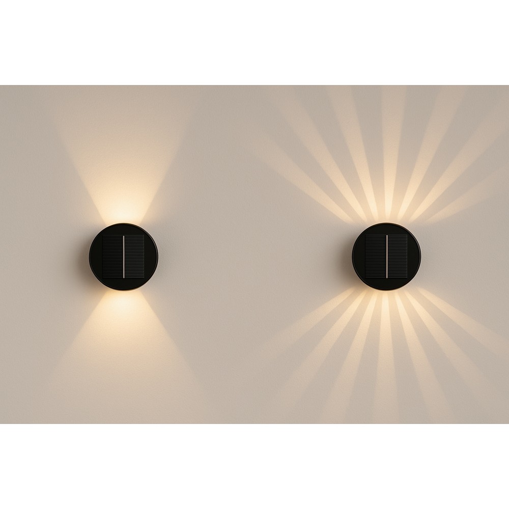 Sort rund solcelle sensor væglampe med roterbar funktion og skumringssensor - Effekt 3W, IP54-certificeret